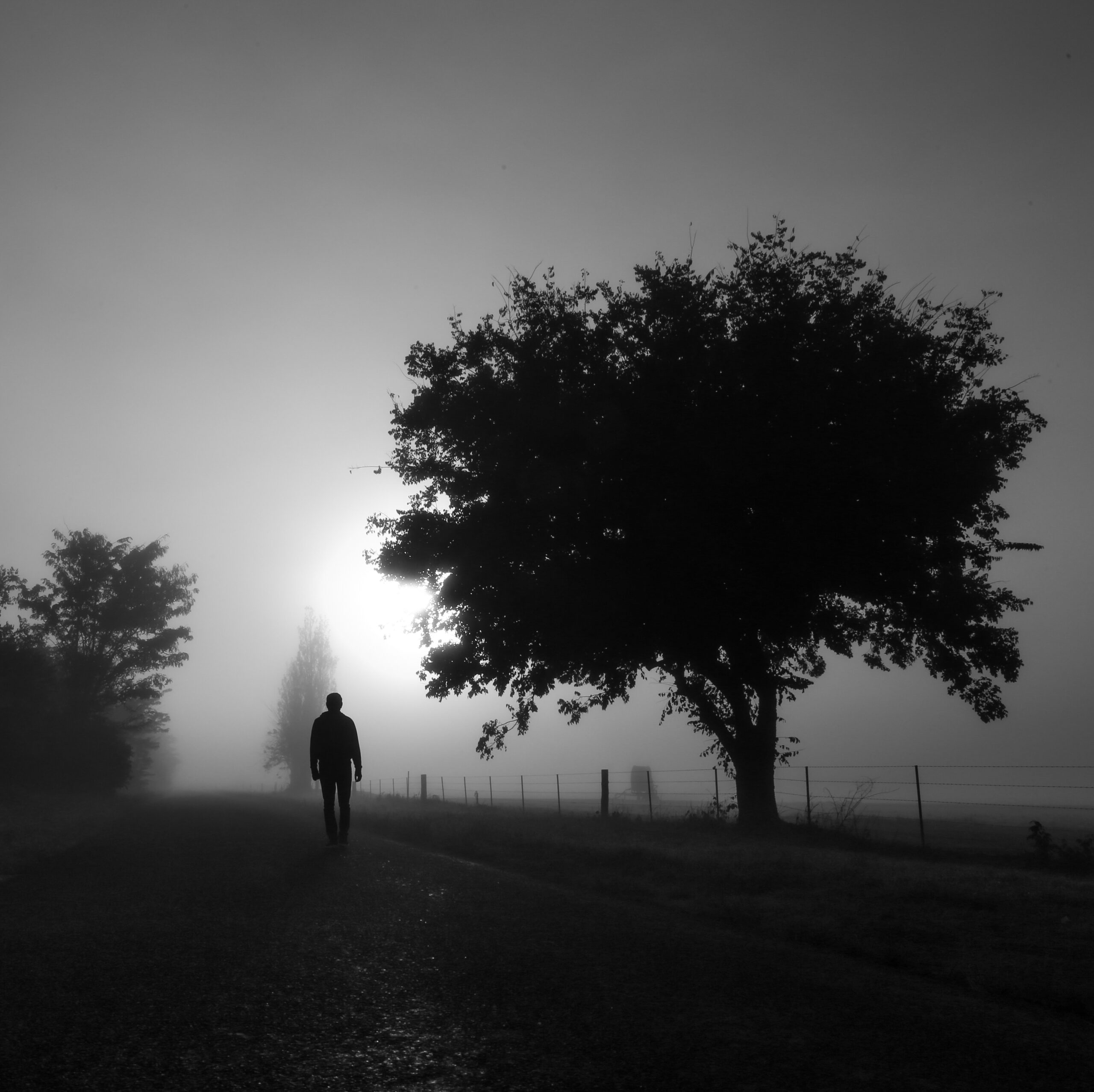 Person walking alone through fog on a quiet road, symbolizing uncertainty and risk-taking during personal growth